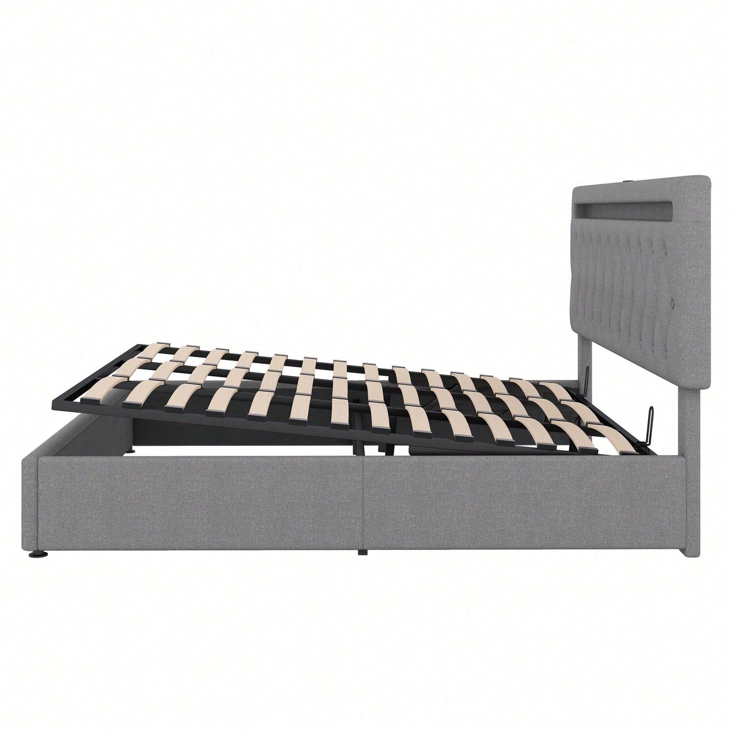 180*200cm Flachbett, gepolstert, hydraulisches Bett mit Hebemechanismus, farbwechselndes Umgebungslicht, Fernbedienung, USB-Anschluss, grau