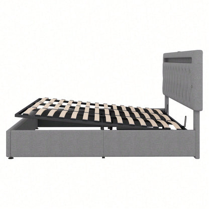 180*200cm Flachbett, gepolstert, hydraulisches Bett mit Hebemechanismus, farbwechselndes Umgebungslicht, Fernbedienung, USB-Anschluss, grau