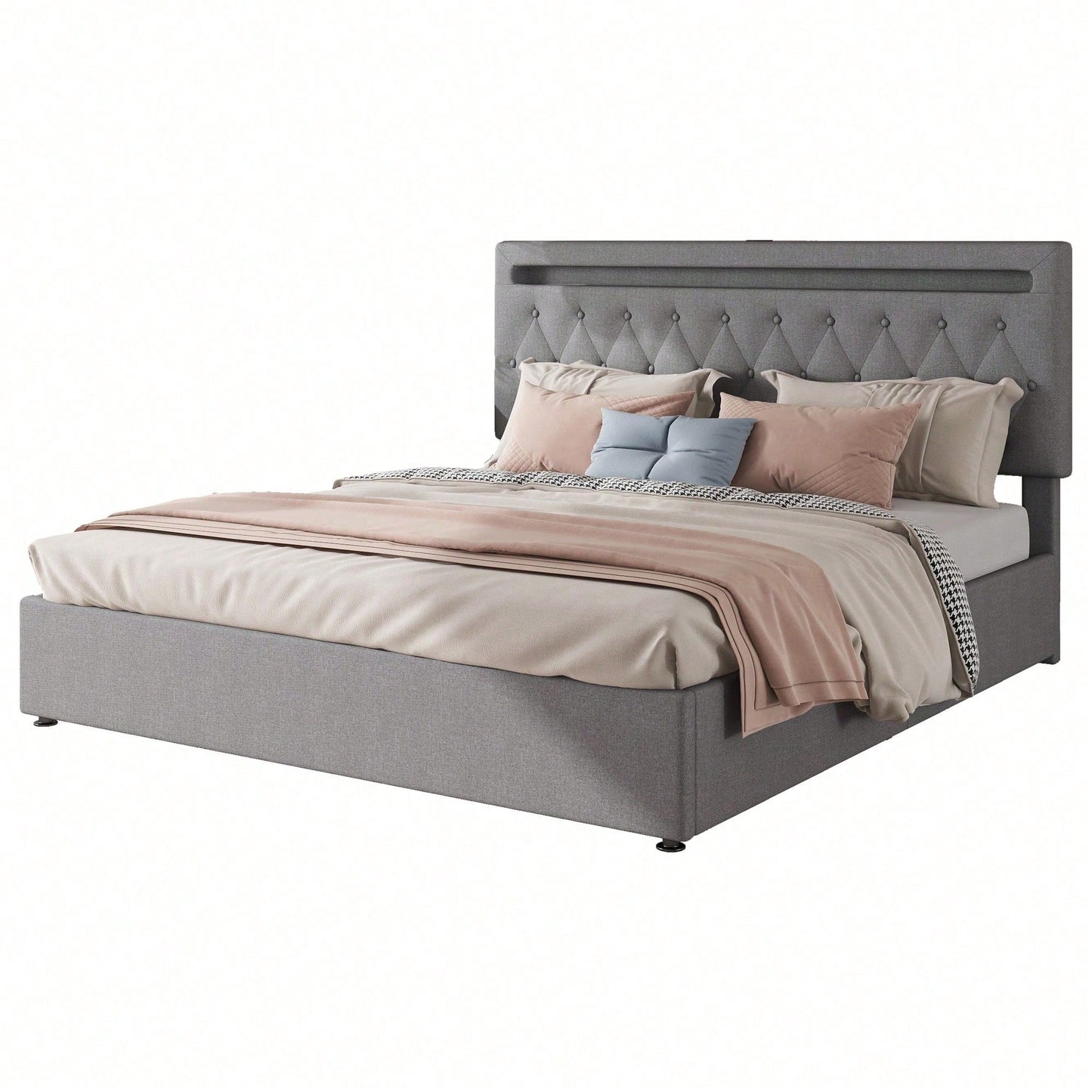 180*200cm Flachbett, gepolstert, hydraulisches Bett mit Hebemechanismus, farbwechselndes Umgebungslicht, Fernbedienung, USB-Anschluss, grau