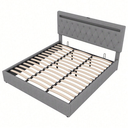 180*200cm Flachbett, gepolstert, hydraulisches Bett mit Hebemechanismus, farbwechselndes Umgebungslicht, Fernbedienung, USB-Anschluss, grau