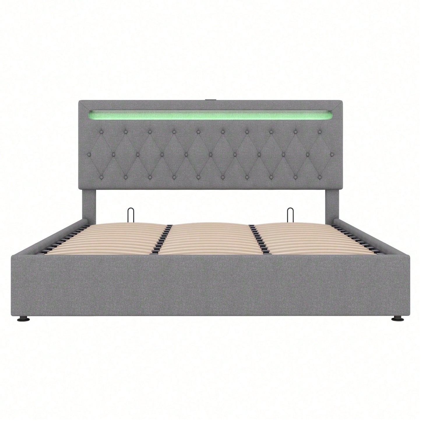 180*200cm Flachbett, gepolstert, hydraulisches Bett mit Hebemechanismus, farbwechselndes Umgebungslicht, Fernbedienung, USB-Anschluss, grau