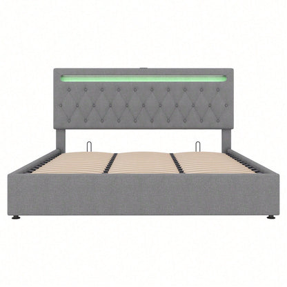 180*200cm Flachbett, gepolstert, hydraulisches Bett mit Hebemechanismus, farbwechselndes Umgebungslicht, Fernbedienung, USB-Anschluss, grau