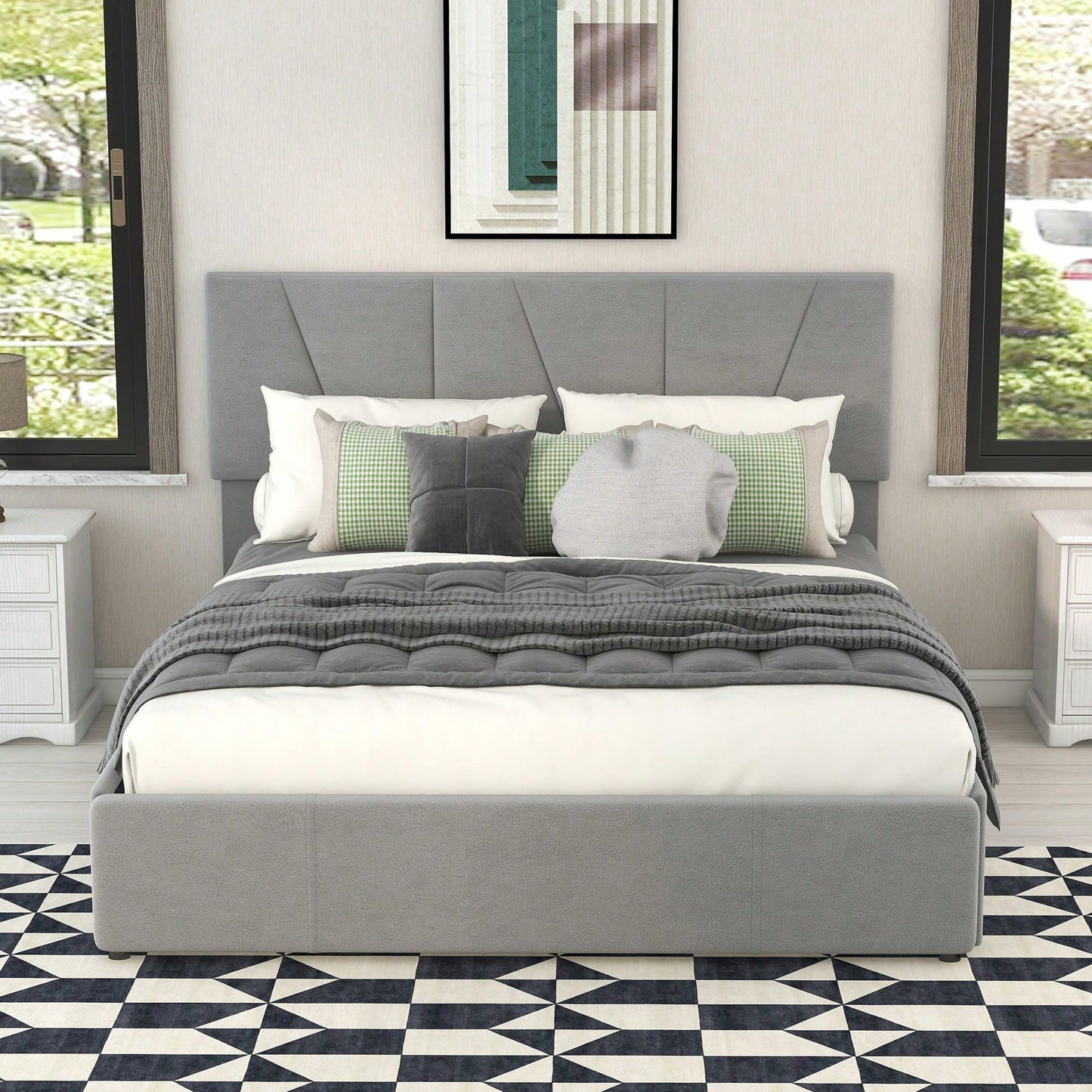 Double Size Polster Plattform Bett mit vier Schubladen auf zwei Seiten,Verstellbares Kopfteil,Grau(140*200cm)
