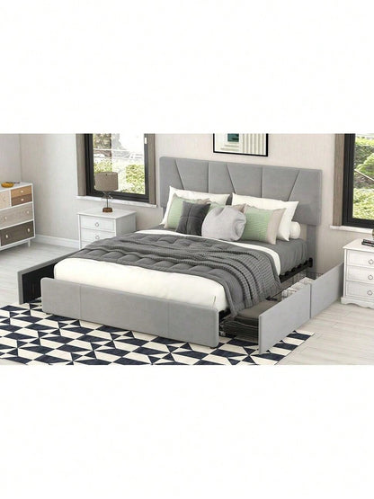 Double Size Polster Plattform Bett mit vier Schubladen auf zwei Seiten,Verstellbares Kopfteil,Grau(140*200cm)