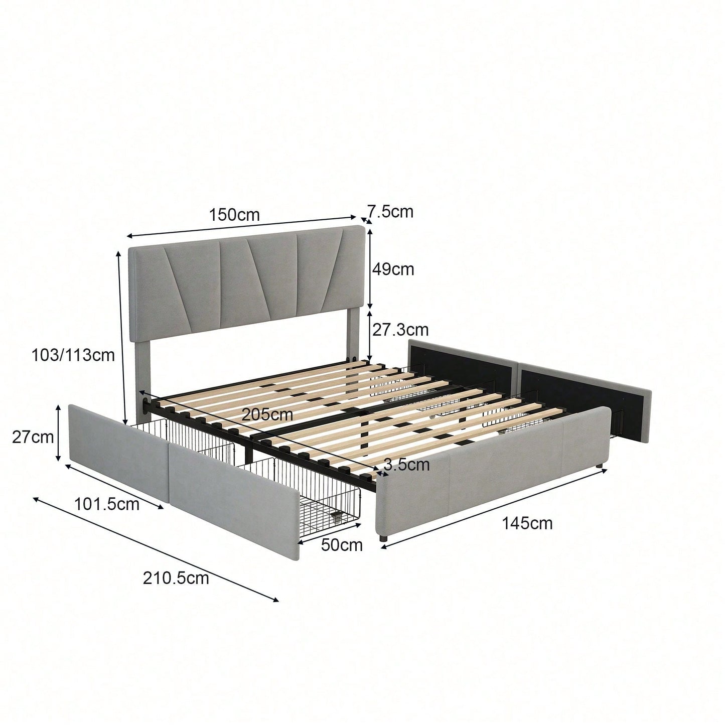 Double Size Polster Plattform Bett mit vier Schubladen auf zwei Seiten,Verstellbares Kopfteil,Grau(140*200cm)
