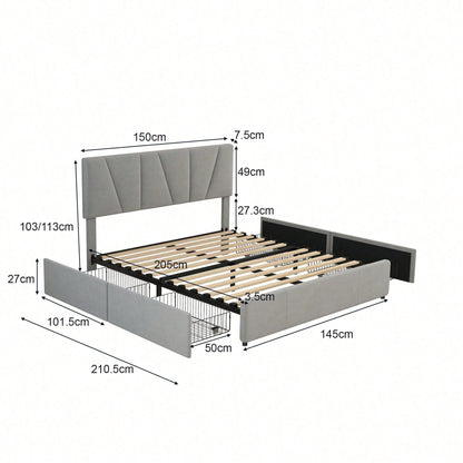 Double Size Polster Plattform Bett mit vier Schubladen auf zwei Seiten,Verstellbares Kopfteil,Grau(140*200cm)