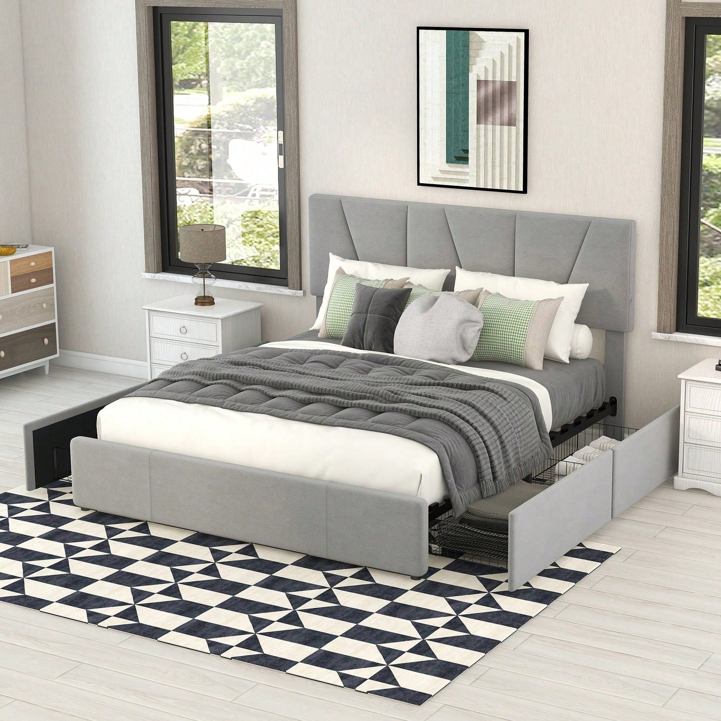 Double Size Polster Plattform Bett mit vier Schubladen auf zwei Seiten,Verstellbares Kopfteil,Grau(140*200cm)