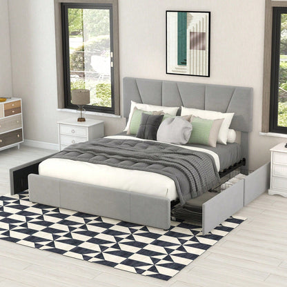 Double Size Polster Plattform Bett mit vier Schubladen auf zwei Seiten,Verstellbares Kopfteil,Grau(140*200cm)
