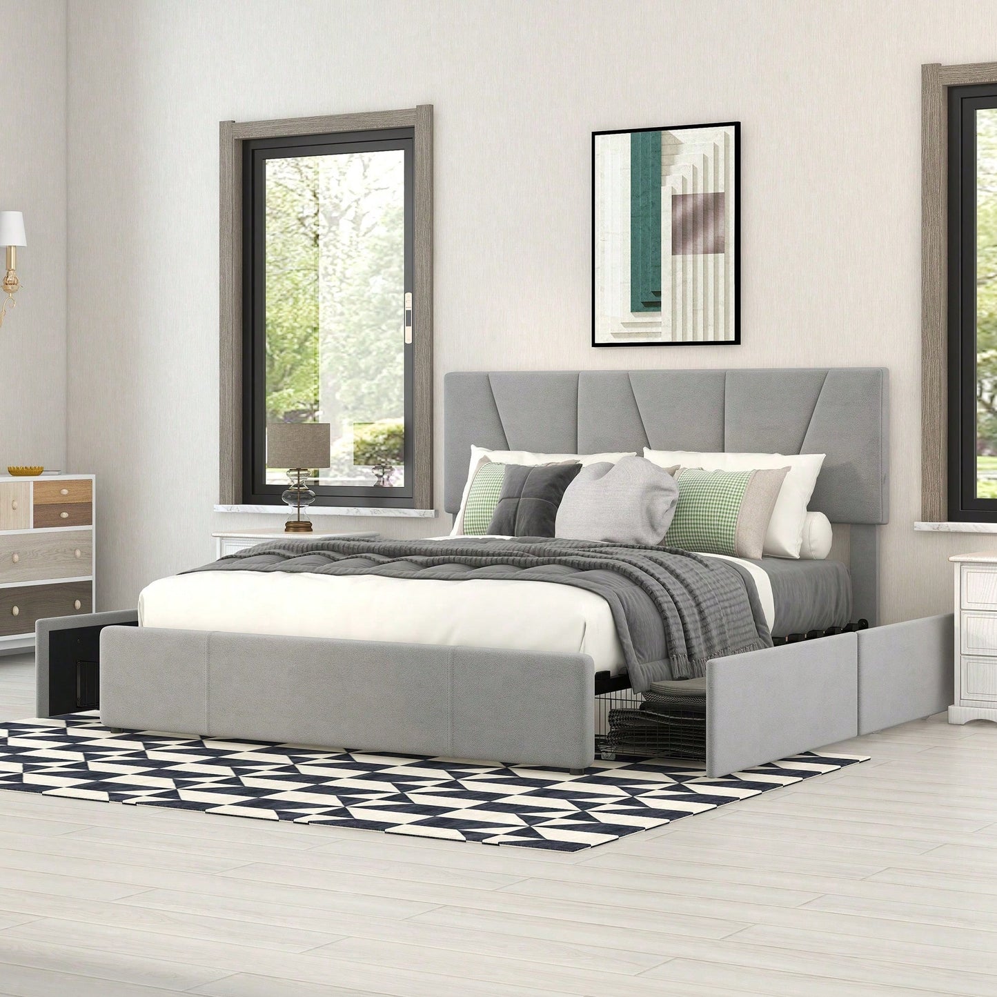 Double Size Polster Plattform Bett mit vier Schubladen auf zwei Seiten,Verstellbares Kopfteil,Grau(140*200cm)