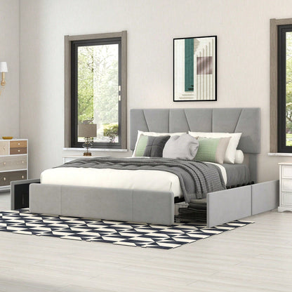 Double Size Polster Plattform Bett mit vier Schubladen auf zwei Seiten,Verstellbares Kopfteil,Grau(140*200cm)