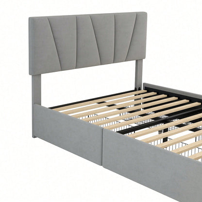 Double Size Polster Plattform Bett mit vier Schubladen auf zwei Seiten,Verstellbares Kopfteil,Grau(140*200cm)
