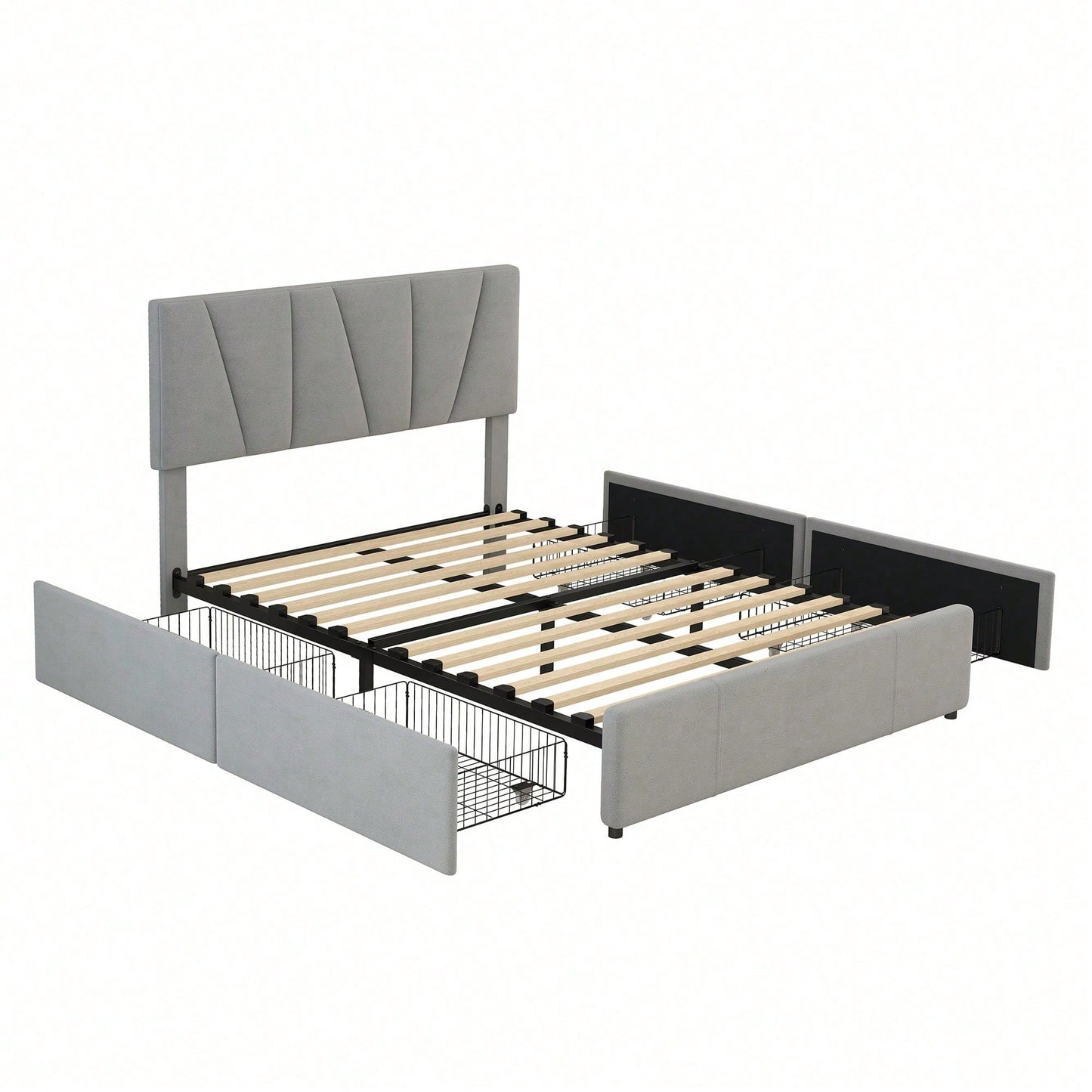 Double Size Polster Plattform Bett mit vier Schubladen auf zwei Seiten,Verstellbares Kopfteil,Grau(140*200cm)