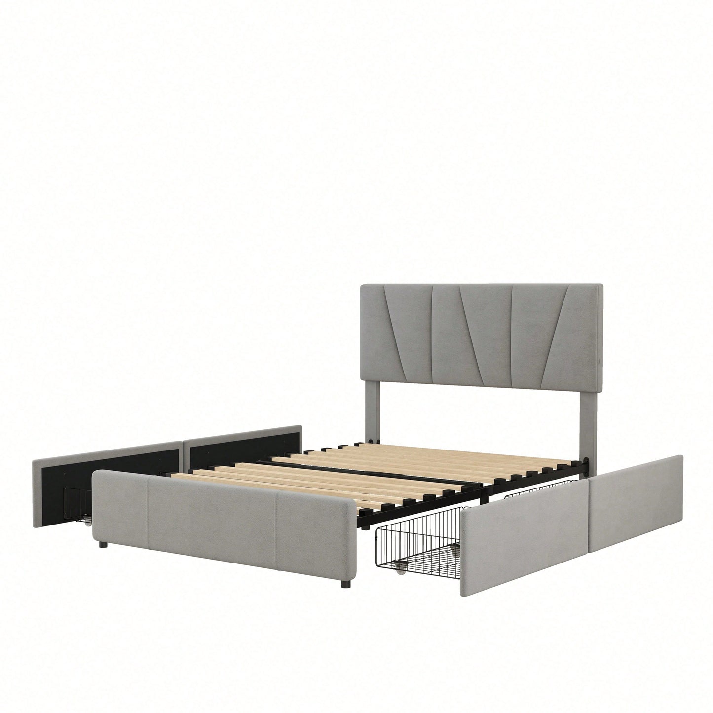 Double Size Polster Plattform Bett mit vier Schubladen auf zwei Seiten,Verstellbares Kopfteil,Grau(140*200cm)