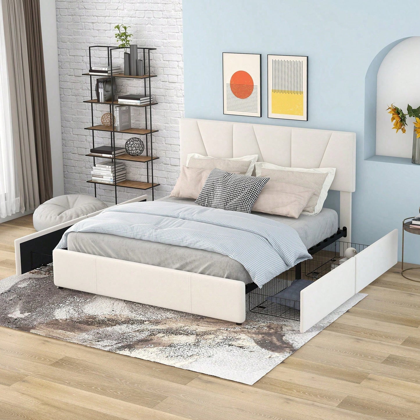 Double Size Polster Plattform Bett mit vier Schubladen auf zwei Seiten,Verstellbares Kopfteil,Grau(140*200cm)