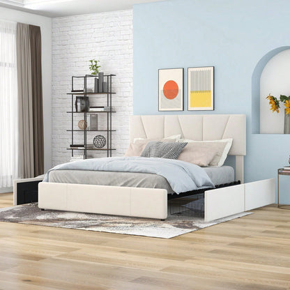 Double Size Polster Plattform Bett mit vier Schubladen auf zwei Seiten,Verstellbares Kopfteil,Grau(140*200cm)