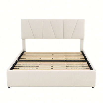 Double Size Polster Plattform Bett mit vier Schubladen auf zwei Seiten,Verstellbares Kopfteil,Grau(140*200cm)