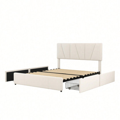 Double Size Polster Plattform Bett mit vier Schubladen auf zwei Seiten,Verstellbares Kopfteil,Grau(140*200cm)