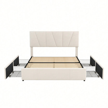 Double Size Polster Plattform Bett mit vier Schubladen auf zwei Seiten,Verstellbares Kopfteil,Grau(140*200cm)