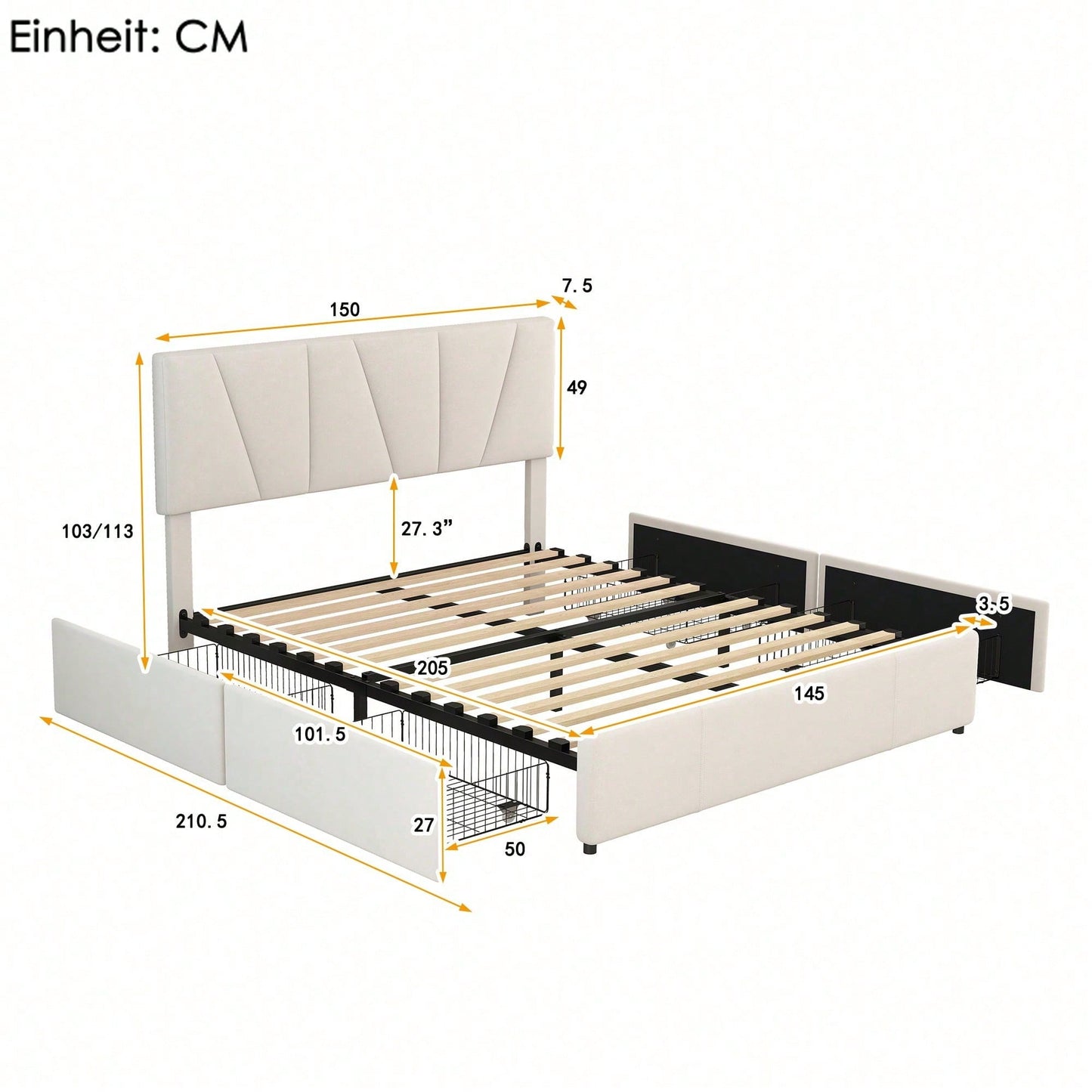 Double Size Polster Plattform Bett mit vier Schubladen auf zwei Seiten,Verstellbares Kopfteil,Grau(140*200cm)