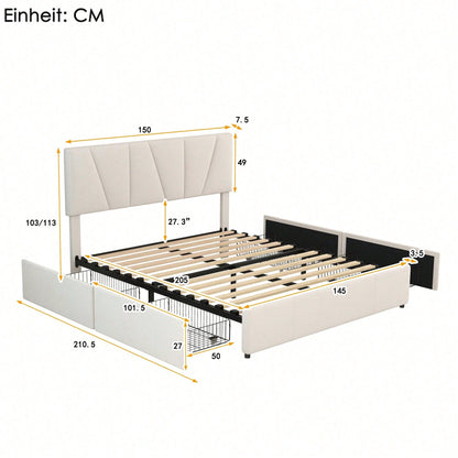 Double Size Polster Plattform Bett mit vier Schubladen auf zwei Seiten,Verstellbares Kopfteil,Grau(140*200cm)