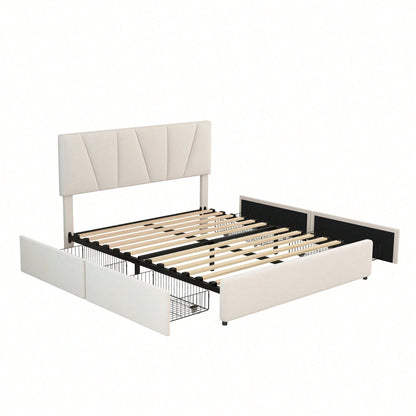 Double Size Polster Plattform Bett mit vier Schubladen auf zwei Seiten,Verstellbares Kopfteil,Grau(140*200cm)