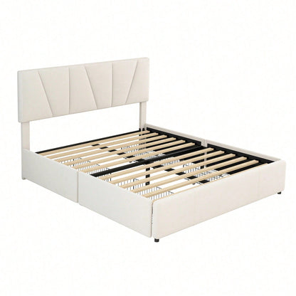 Double Size Polster Plattform Bett mit vier Schubladen auf zwei Seiten,Verstellbares Kopfteil,Grau(140*200cm)