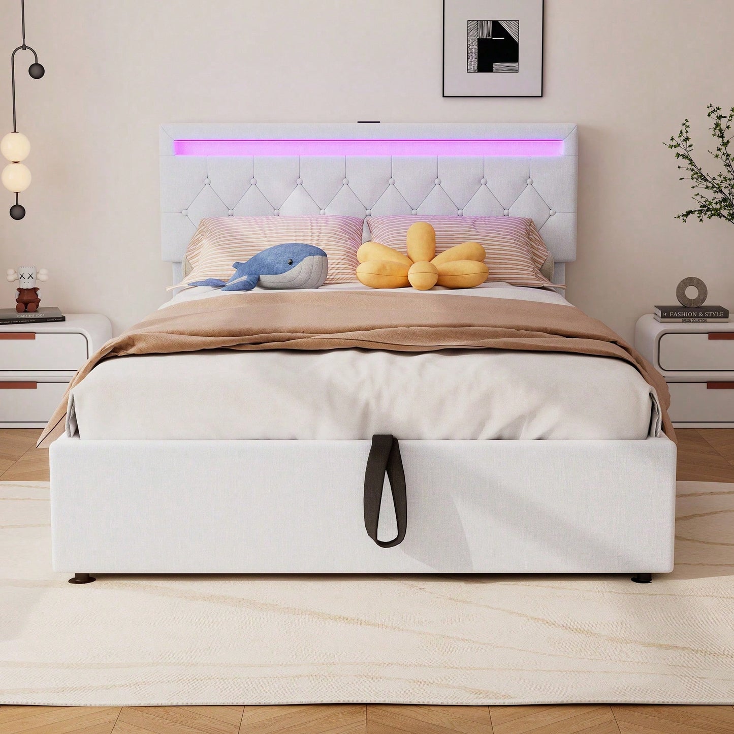 140*200 cm flaches Bett, gepolstertes Bett, Umgebungslicht am Bett, 24-Tasten-Fernbedienung, Bett kann angehoben und abgesenkt werden, USB- und Typ-C-Steckdose am Bett, großer Stauraum, weiß
