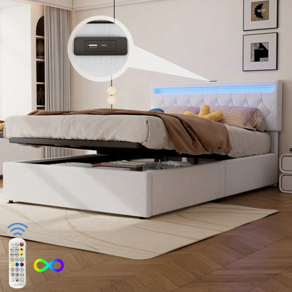 140*200 cm flaches Bett, gepolstertes Bett, Umgebungslicht am Bett, 24-Tasten-Fernbedienung, Bett kann angehoben und abgesenkt werden, USB- und Typ-C-Steckdose am Bett, großer Stauraum, weiß