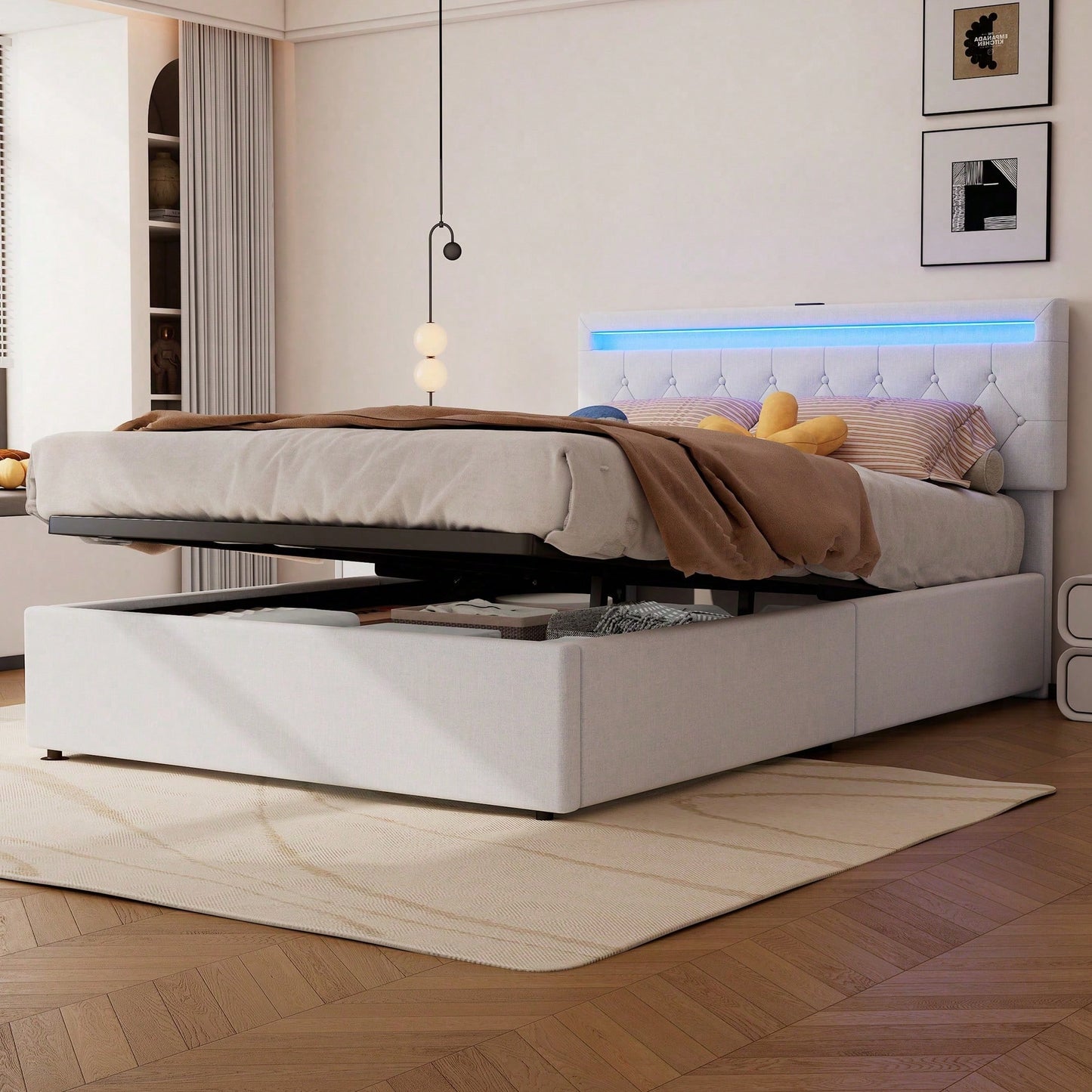 140*200 cm flaches Bett, gepolstertes Bett, Umgebungslicht am Bett, 24-Tasten-Fernbedienung, Bett kann angehoben und abgesenkt werden, USB- und Typ-C-Steckdose am Bett, großer Stauraum, weiß
