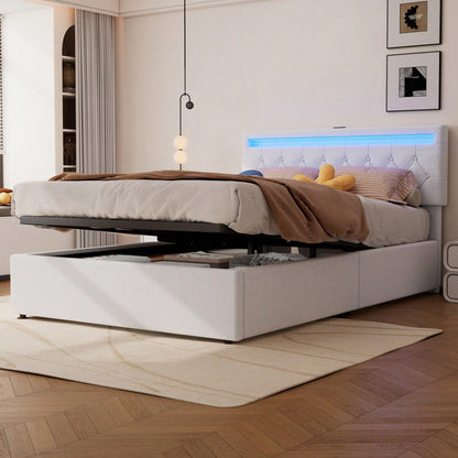 140*200 cm flaches Bett, gepolstertes Bett, Umgebungslicht am Bett, 24-Tasten-Fernbedienung, Bett kann angehoben und abgesenkt werden, USB- und Typ-C-Steckdose am Bett, großer Stauraum, weiß