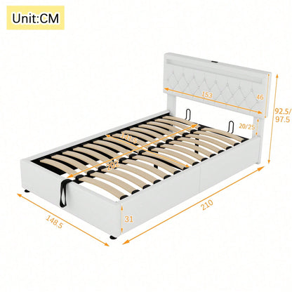 140*200 cm flaches Bett, gepolstertes Bett, Umgebungslicht am Bett, 24-Tasten-Fernbedienung, Bett kann angehoben und abgesenkt werden, USB- und Typ-C-Steckdose am Bett, großer Stauraum, weiß