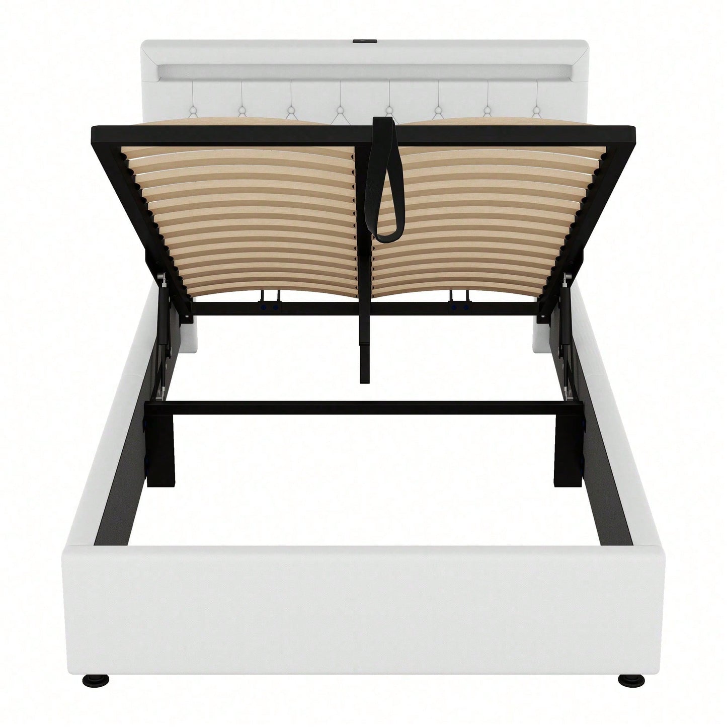 140*200 cm flaches Bett, gepolstertes Bett, Umgebungslicht am Bett, 24-Tasten-Fernbedienung, Bett kann angehoben und abgesenkt werden, USB- und Typ-C-Steckdose am Bett, großer Stauraum, weiß