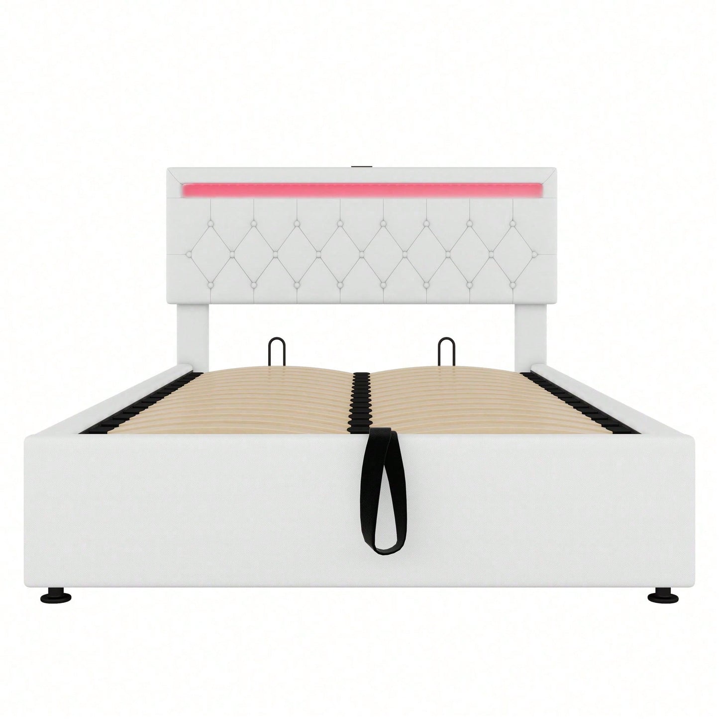 140*200 cm flaches Bett, gepolstertes Bett, Umgebungslicht am Bett, 24-Tasten-Fernbedienung, Bett kann angehoben und abgesenkt werden, USB- und Typ-C-Steckdose am Bett, großer Stauraum, weiß