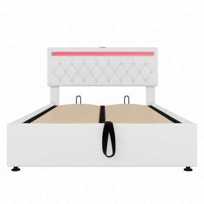 140*200 cm flaches Bett, gepolstertes Bett, Umgebungslicht am Bett, 24-Tasten-Fernbedienung, Bett kann angehoben und abgesenkt werden, USB- und Typ-C-Steckdose am Bett, großer Stauraum, weiß