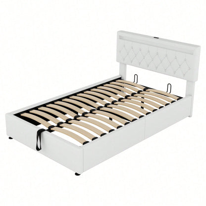 140*200 cm flaches Bett, gepolstertes Bett, Umgebungslicht am Bett, 24-Tasten-Fernbedienung, Bett kann angehoben und abgesenkt werden, USB- und Typ-C-Steckdose am Bett, großer Stauraum, weiß
