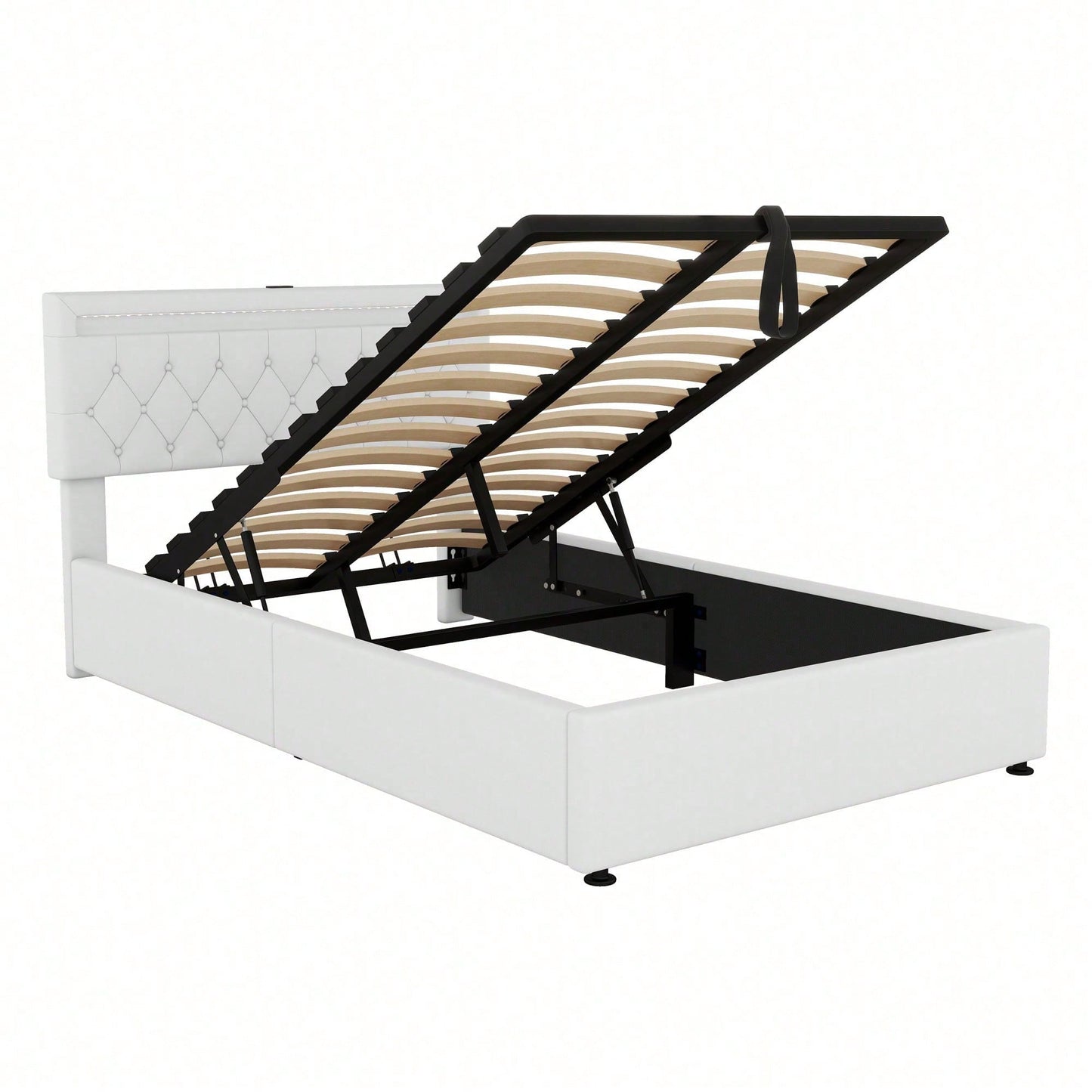 140*200 cm flaches Bett, gepolstertes Bett, Umgebungslicht am Bett, 24-Tasten-Fernbedienung, Bett kann angehoben und abgesenkt werden, USB- und Typ-C-Steckdose am Bett, großer Stauraum, weiß