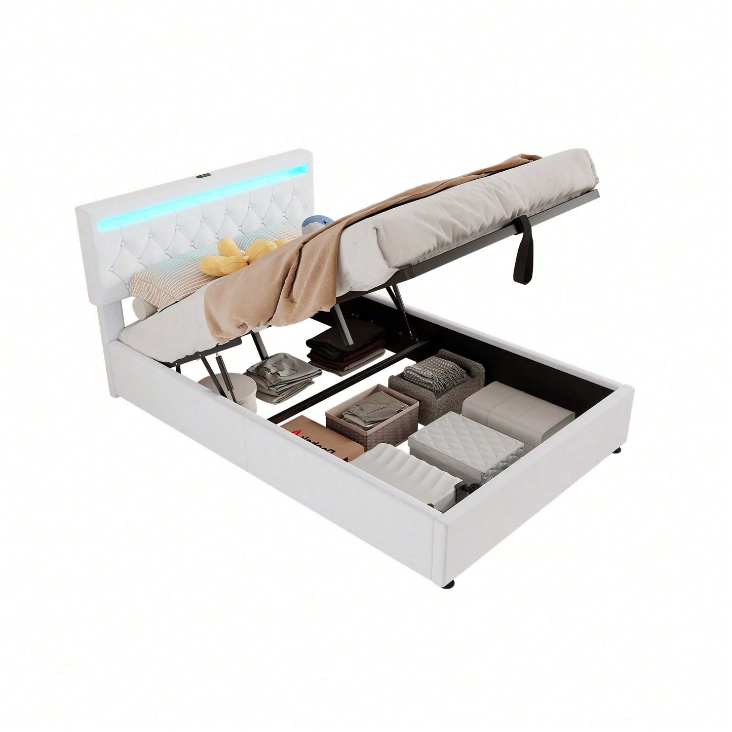 140*200 cm flaches Bett, gepolstertes Bett, Umgebungslicht am Bett, 24-Tasten-Fernbedienung, Bett kann angehoben und abgesenkt werden, USB- und Typ-C-Steckdose am Bett, großer Stauraum, weiß
