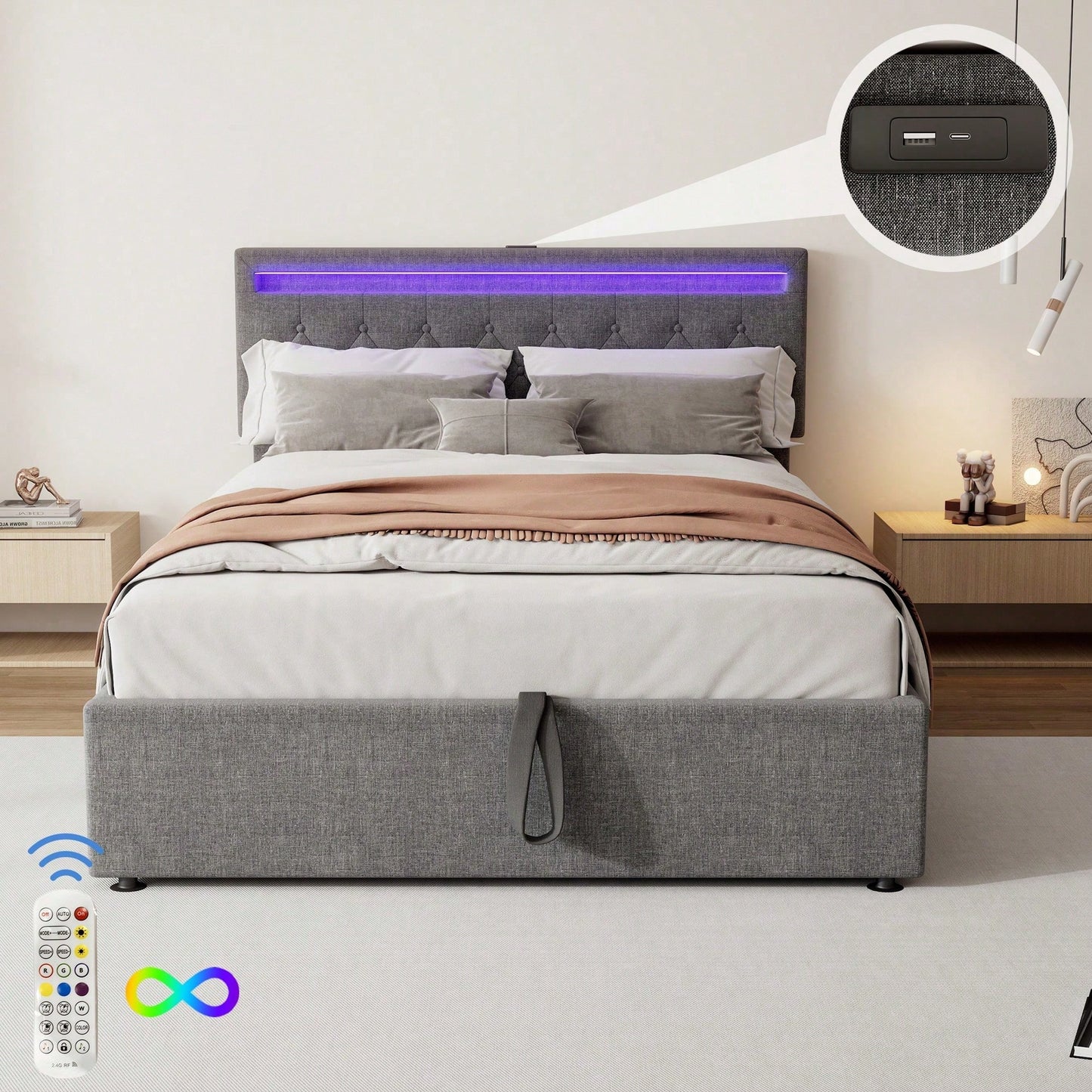 140*200 cm flaches Bett, gepolstertes Bett, Umgebungslicht am Bett, 24-Tasten-Fernbedienung, Bett kann angehoben und abgesenkt werden, USB- und Typ-C-Steckdose am Bett, großer Stauraum, weiß