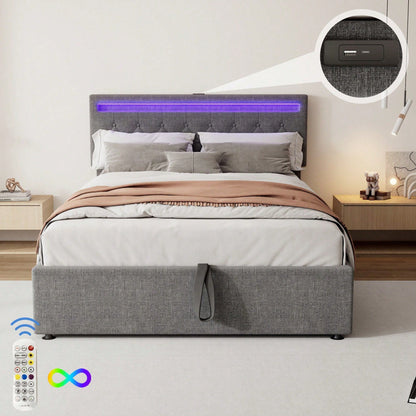 140*200 cm flaches Bett, gepolstertes Bett, Umgebungslicht am Bett, 24-Tasten-Fernbedienung, Bett kann angehoben und abgesenkt werden, USB- und Typ-C-Steckdose am Bett, großer Stauraum, weiß