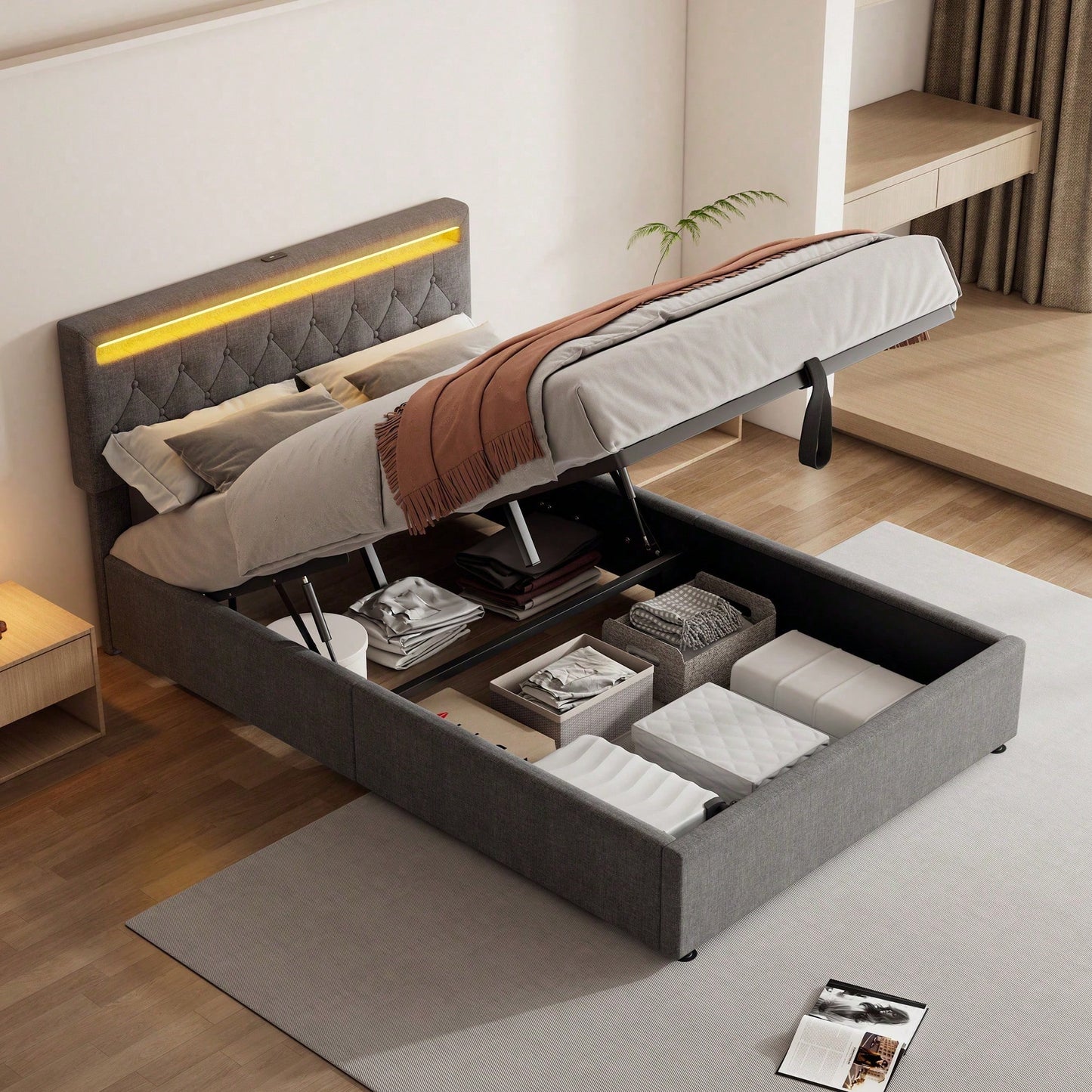 140*200 cm flaches Bett, gepolstertes Bett, Umgebungslicht am Bett, 24-Tasten-Fernbedienung, Bett kann angehoben und abgesenkt werden, USB- und Typ-C-Steckdose am Bett, großer Stauraum, weiß