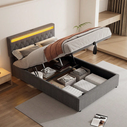 140*200 cm flaches Bett, gepolstertes Bett, Umgebungslicht am Bett, 24-Tasten-Fernbedienung, Bett kann angehoben und abgesenkt werden, USB- und Typ-C-Steckdose am Bett, großer Stauraum, weiß