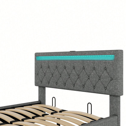 140*200 cm flaches Bett, gepolstertes Bett, Umgebungslicht am Bett, 24-Tasten-Fernbedienung, Bett kann angehoben und abgesenkt werden, USB- und Typ-C-Steckdose am Bett, großer Stauraum, weiß