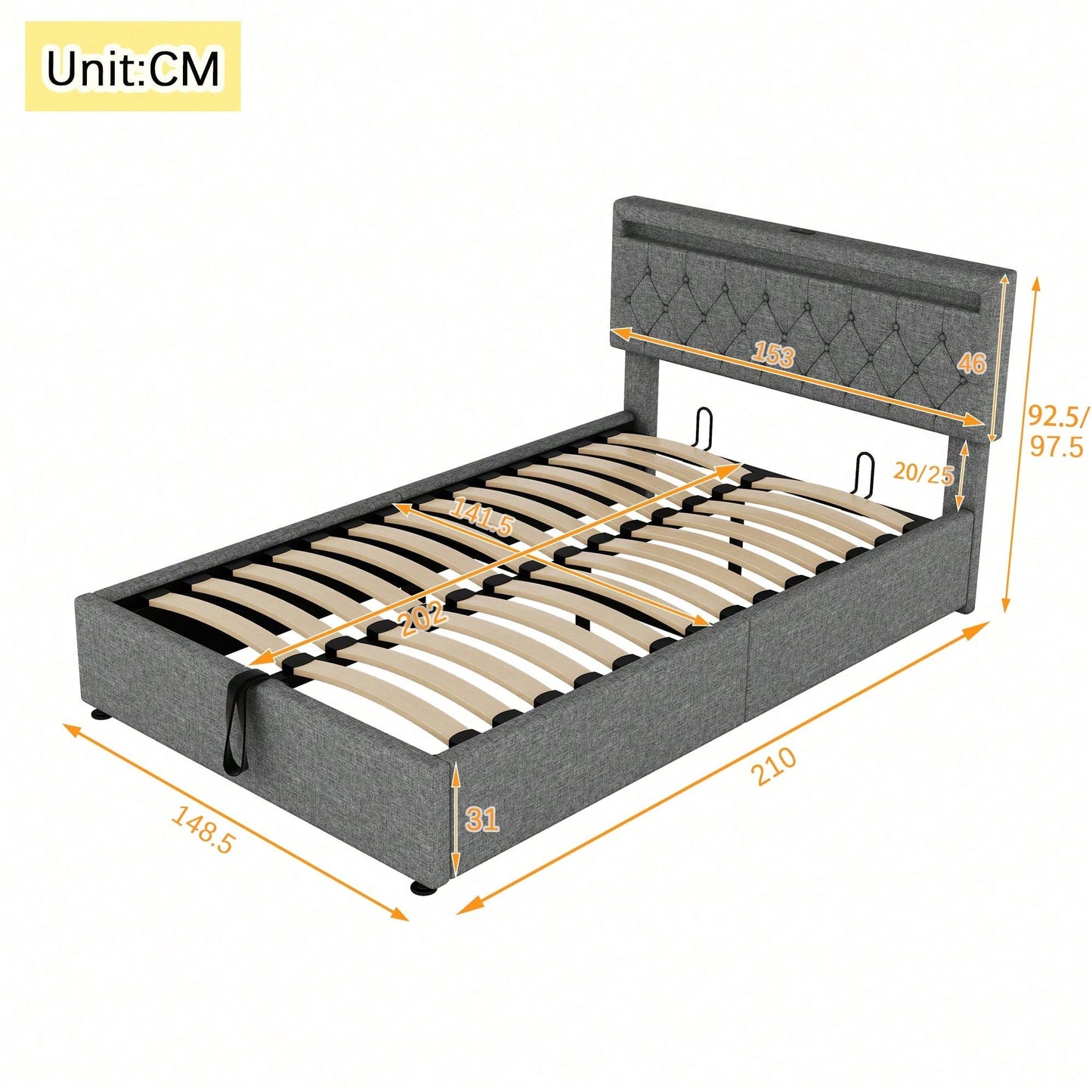 140*200 cm flaches Bett, gepolstertes Bett, Umgebungslicht am Bett, 24-Tasten-Fernbedienung, Bett kann angehoben und abgesenkt werden, USB- und Typ-C-Steckdose am Bett, großer Stauraum, weiß