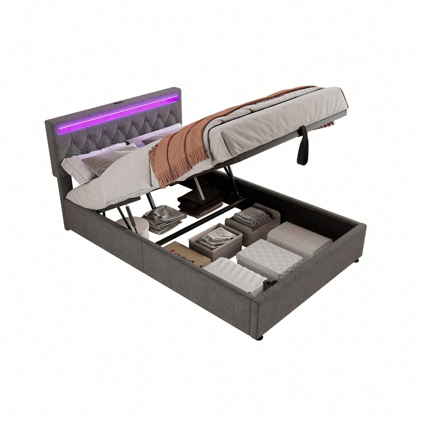 140*200 cm flaches Bett, gepolstertes Bett, Umgebungslicht am Bett, 24-Tasten-Fernbedienung, Bett kann angehoben und abgesenkt werden, USB- und Typ-C-Steckdose am Bett, großer Stauraum, weiß