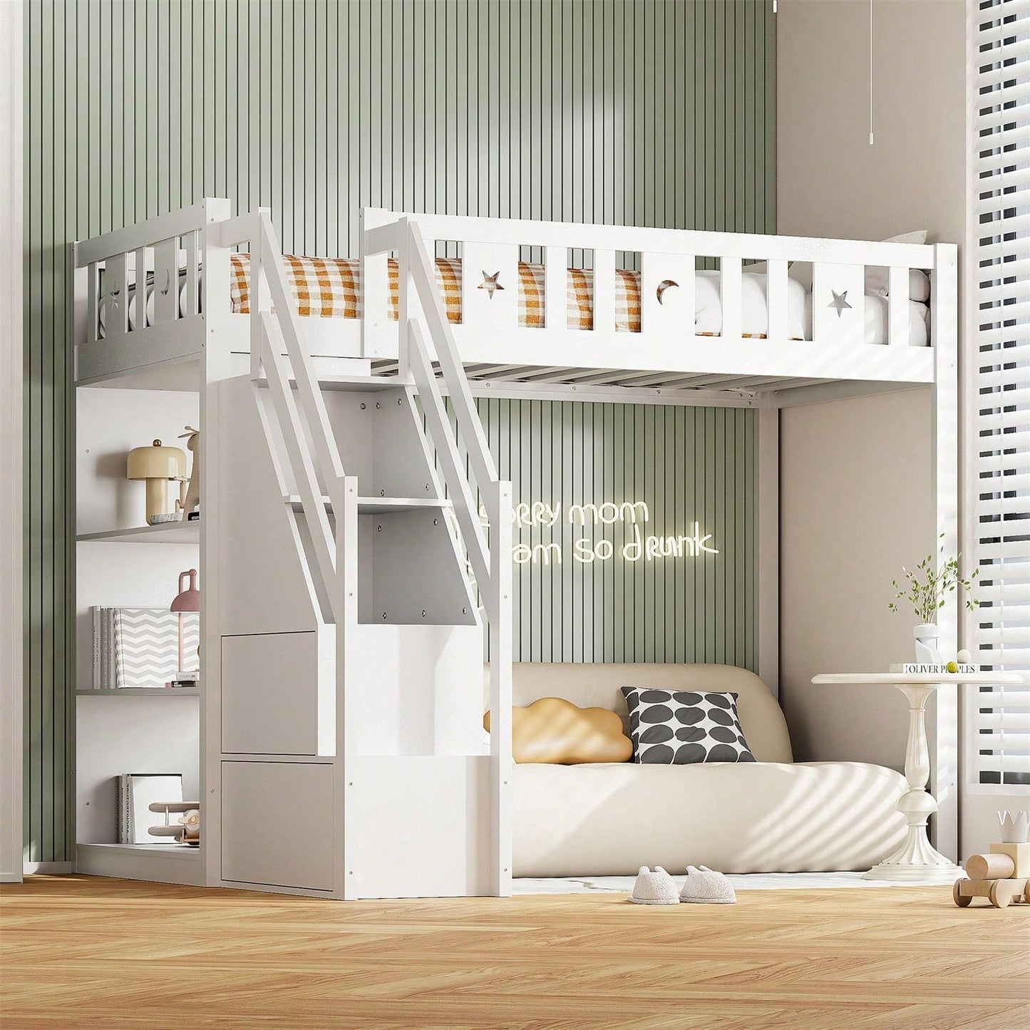 Hochbett 90*200 cm, mit Stauraumleiter und Regalen, Einzelholzbett, Jugendbett, Kinderbett, Massivholzrahmen, weiß