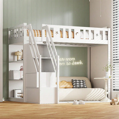 Hochbett 90*200 cm, mit Stauraumleiter und Regalen, Einzelholzbett, Jugendbett, Kinderbett, Massivholzrahmen, weiß