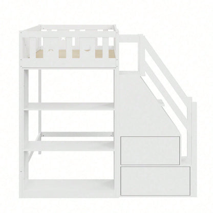 Hochbett 90*200 cm, mit Stauraumleiter und Regalen, Einzelholzbett, Jugendbett, Kinderbett, Massivholzrahmen, weiß
