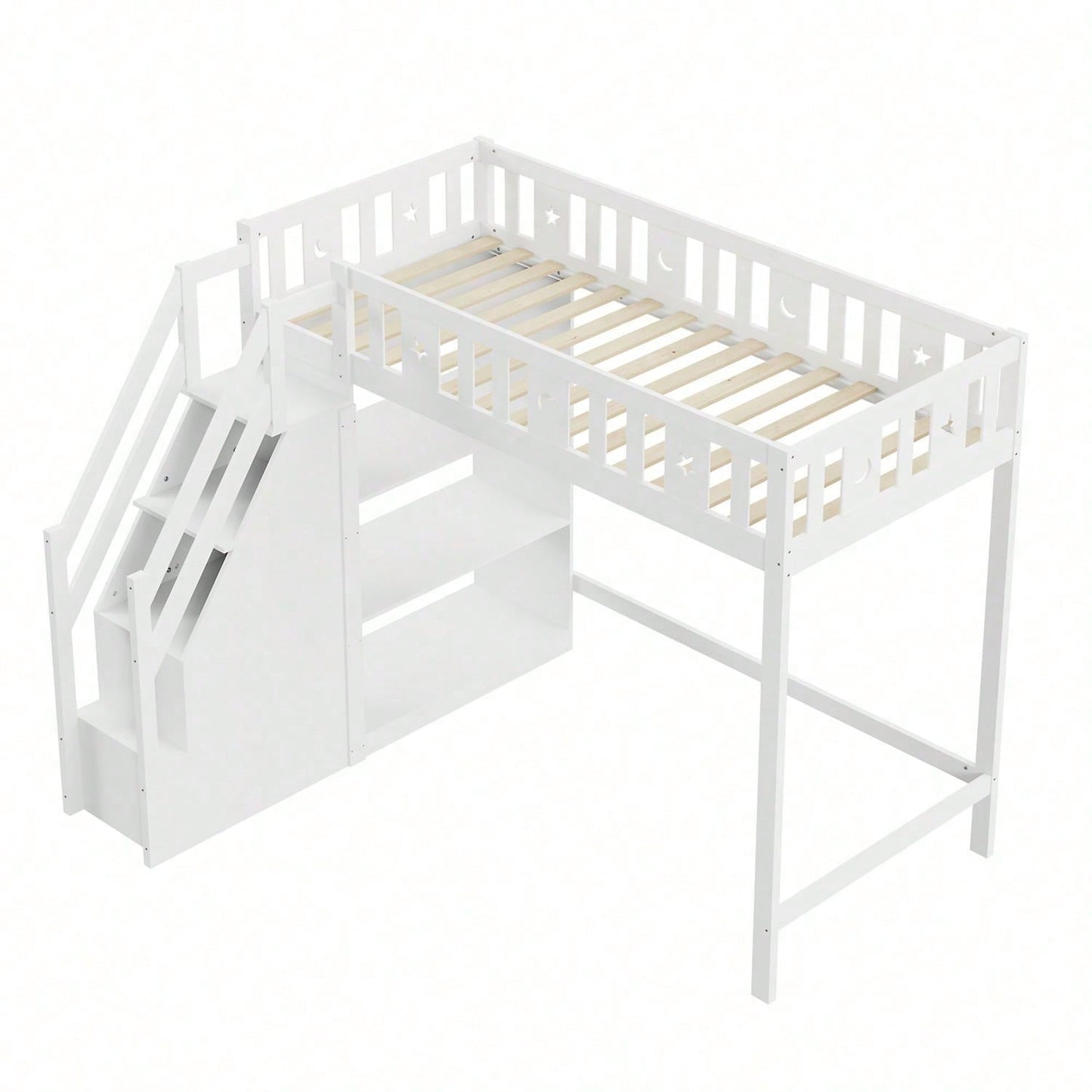 Hochbett 90*200 cm, mit Stauraumleiter und Regalen, Einzelholzbett, Jugendbett, Kinderbett, Massivholzrahmen, weiß