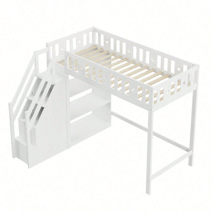 Hochbett 90*200 cm, mit Stauraumleiter und Regalen, Einzelholzbett, Jugendbett, Kinderbett, Massivholzrahmen, weiß