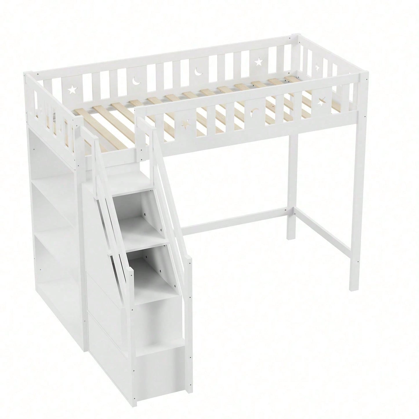 Hochbett 90*200 cm, mit Stauraumleiter und Regalen, Einzelholzbett, Jugendbett, Kinderbett, Massivholzrahmen, weiß